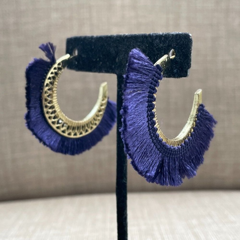 AREA Jewelry Earrings Gold Tone hoops Post Purple Fringe Fabric - Picture 2 of 12
